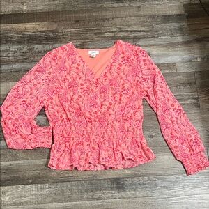 Japna Pink Floral V-Neck Blouse Size Large Romantic Ruched Waist Sheer Sleeve